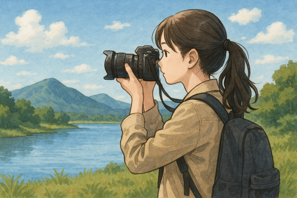 風景を撮影する女性カメラマン