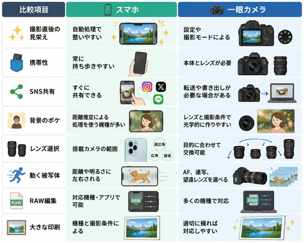 スマホと一眼カメラの使い分け一覧表